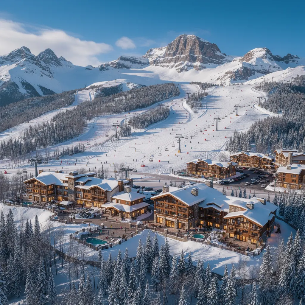 Снежные деревья и горы в лучах зимнего солнца, создающие волшебный пейзаж.