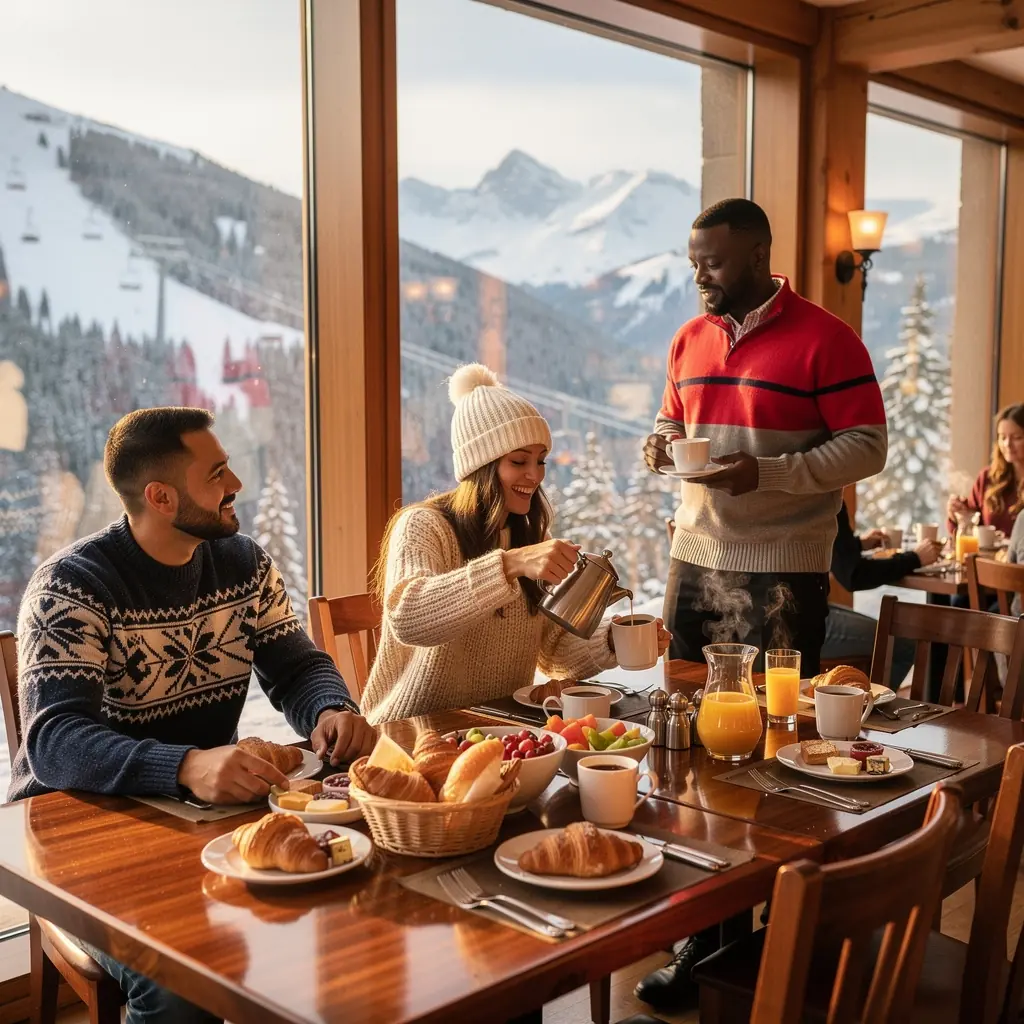 Группа туристов, обучающихся сноубордингу на живописной горной трассе.