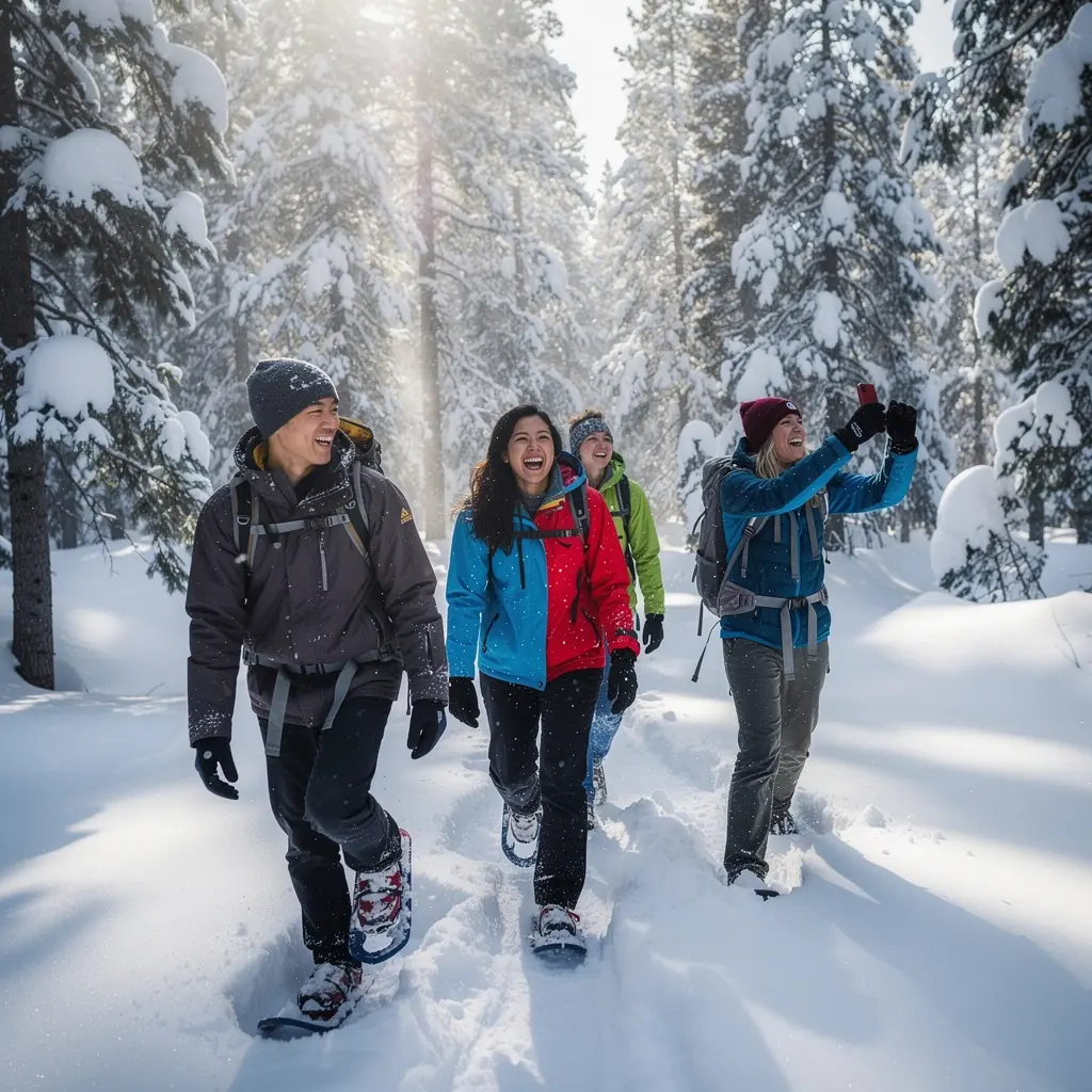 Зимние горнолыжные склоны с лыжниками и сноубордистами на фоне заснеженных пиков.